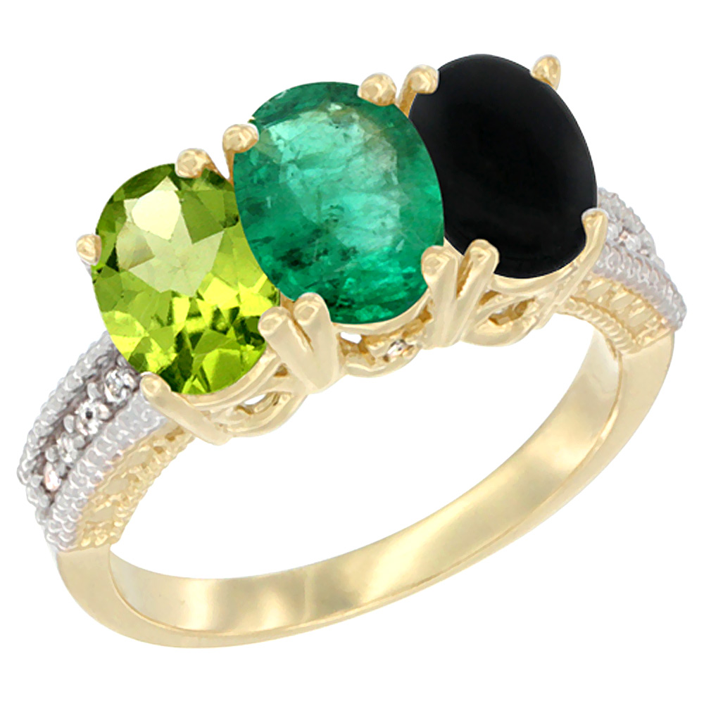 10K Yellow Gold Natural Peridot, Emerald & Black Onyx Ring 3-Stone Oval 7x5 mm, sizes 5 - 10