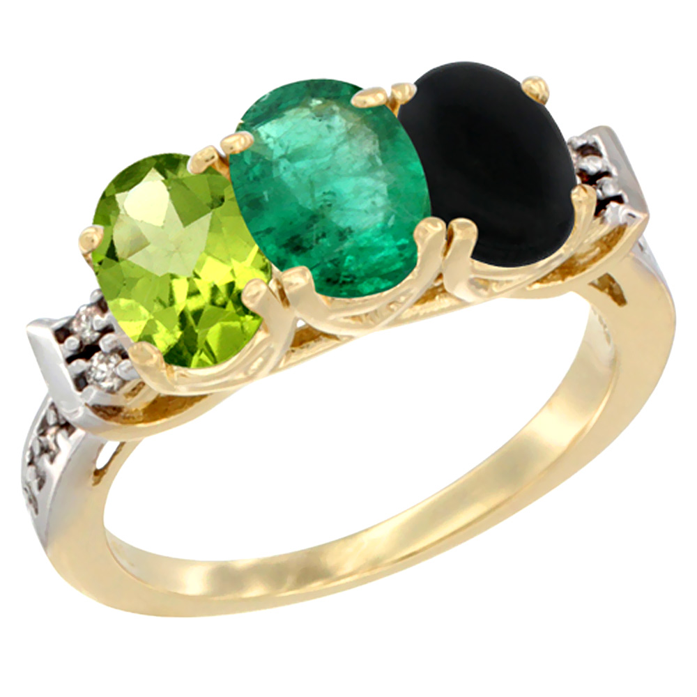 10K Yellow Gold Natural Peridot, Emerald & Black Onyx Ring 3-Stone Oval 7x5 mm Diamond Accent, sizes 5 - 10