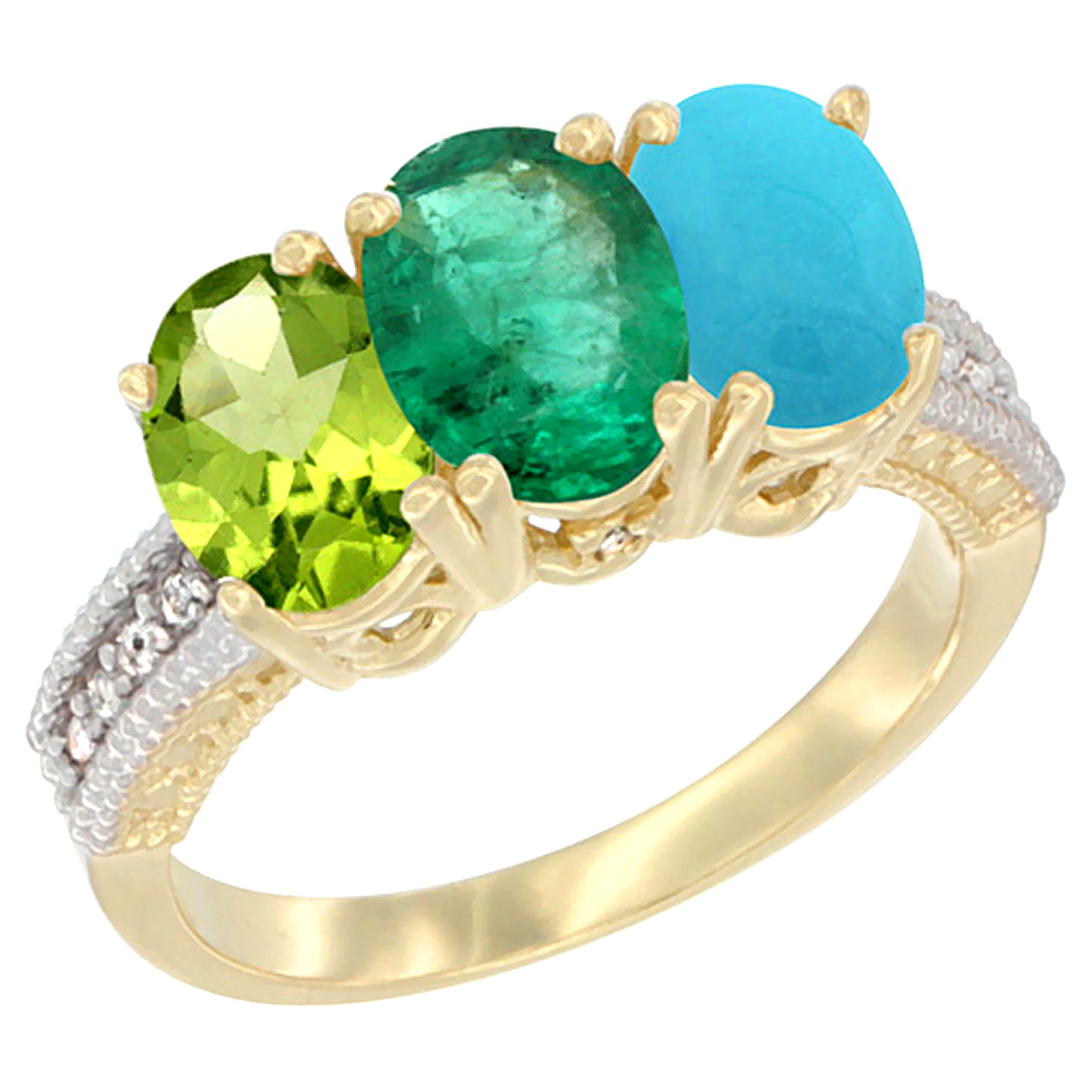 14K Yellow Gold Natural Peridot, Emerald & Turquoise Ring 3-Stone Oval 7x5 mm Diamond Accent, sizes 5 - 10