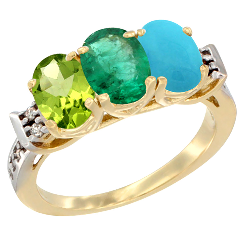 10K Yellow Gold Natural Peridot, Emerald &amp; Turquoise Ring 3-Stone Oval 7x5 mm Diamond Accent, sizes 5 - 10