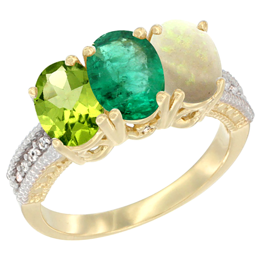 14K Yellow Gold Natural Peridot, Emerald & Opal Ring 3-Stone Oval 7x5 mm Diamond Accent, sizes 5 - 10