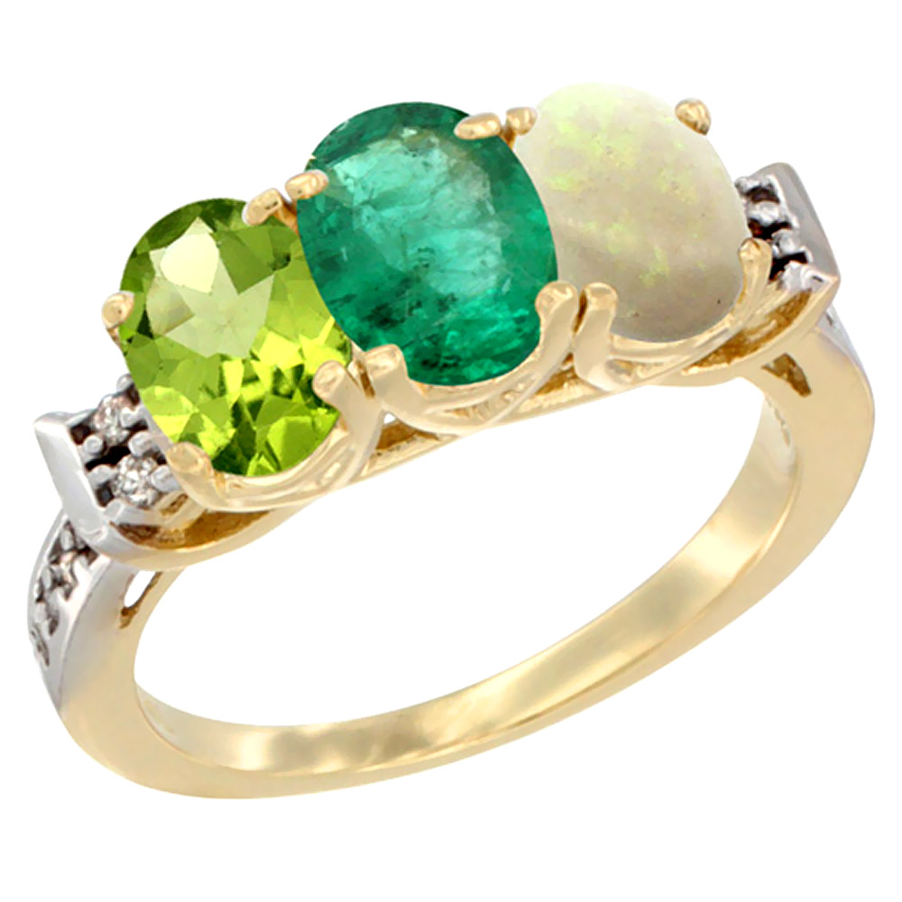 10K Yellow Gold Natural Peridot, Emerald &amp; Opal Ring 3-Stone Oval 7x5 mm Diamond Accent, sizes 5 - 10
