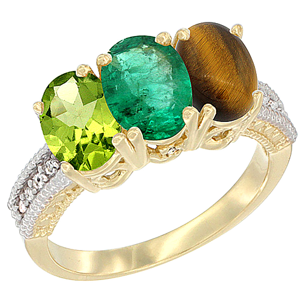 10K Yellow Gold Natural Peridot, Emerald &amp; Tiger Eye Ring 3-Stone Oval 7x5 mm, sizes 5 - 10