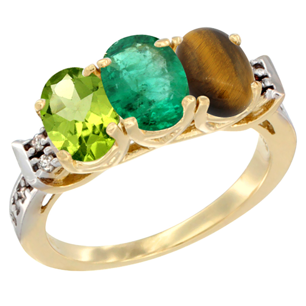 10K Yellow Gold Natural Peridot, Emerald &amp; Tiger Eye Ring 3-Stone Oval 7x5 mm Diamond Accent, sizes 5 - 10