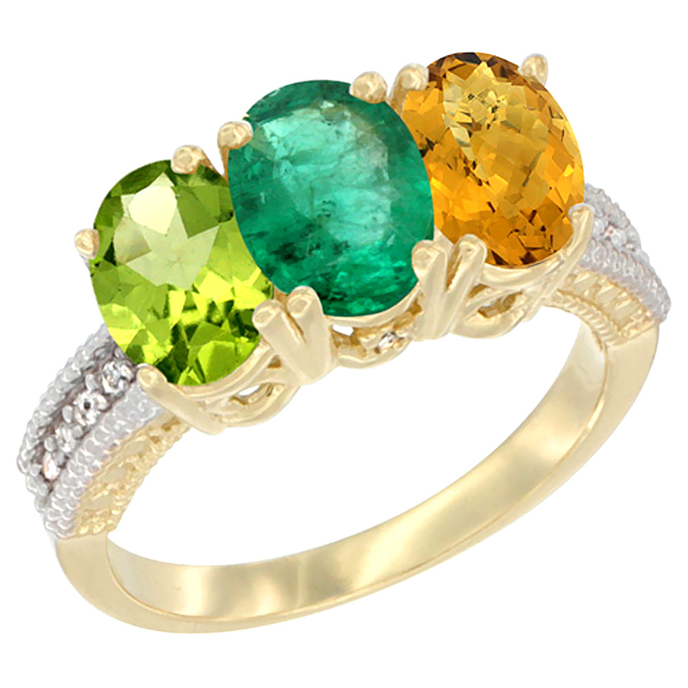 14K Yellow Gold Natural Peridot, Emerald & Whisky Quartz Ring 3-Stone Oval 7x5 mm Diamond Accent, sizes 5 - 10