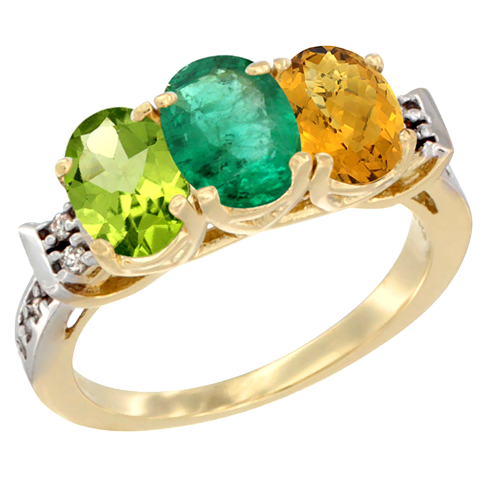 10K Yellow Gold Natural Peridot, Emerald &amp; Whisky Quartz Ring 3-Stone Oval 7x5 mm Diamond Accent, sizes 5 - 10