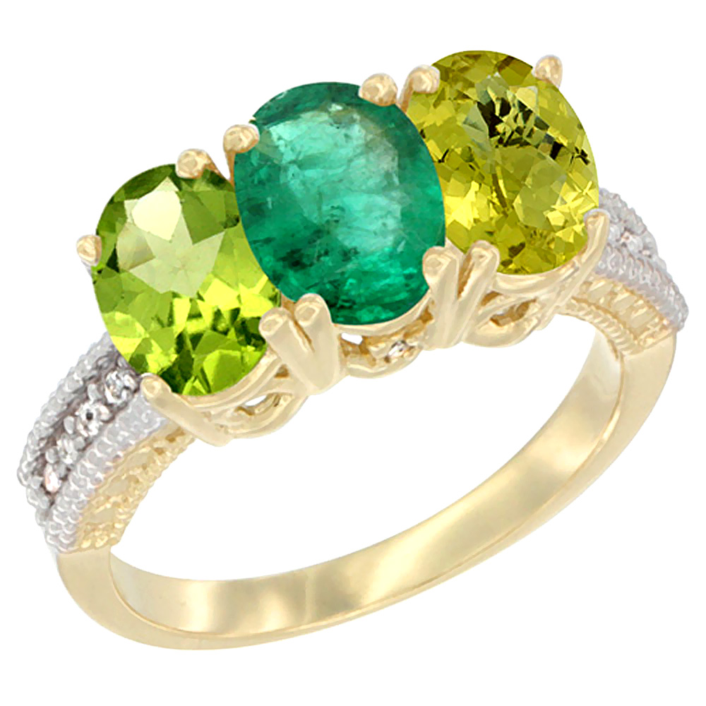 14K Yellow Gold Natural Peridot, Emerald &amp; Lemon Quartz Ring 3-Stone Oval 7x5 mm Diamond Accent, sizes 5 - 10