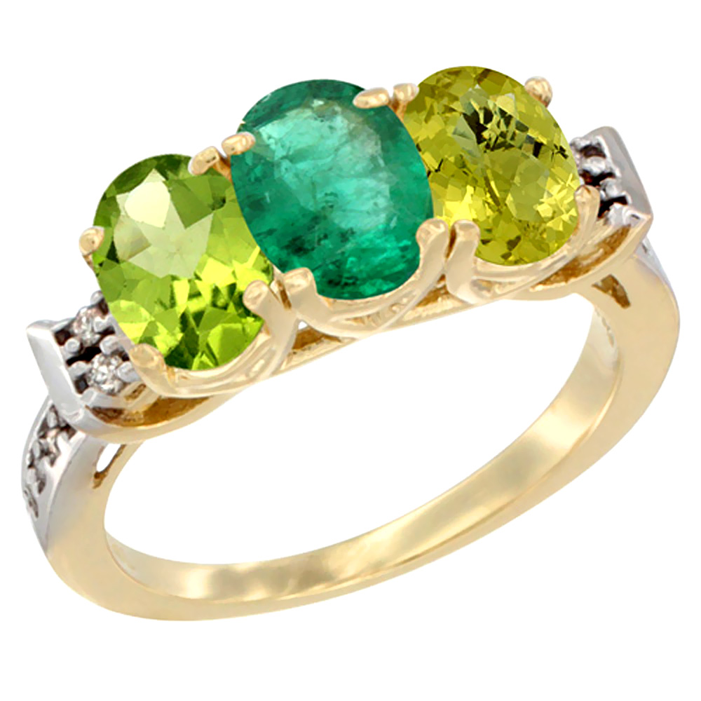 14K Yellow Gold Natural Peridot, Emerald & Lemon Quartz Ring 3-Stone Oval 7x5 mm Diamond Accent, sizes 5 - 10