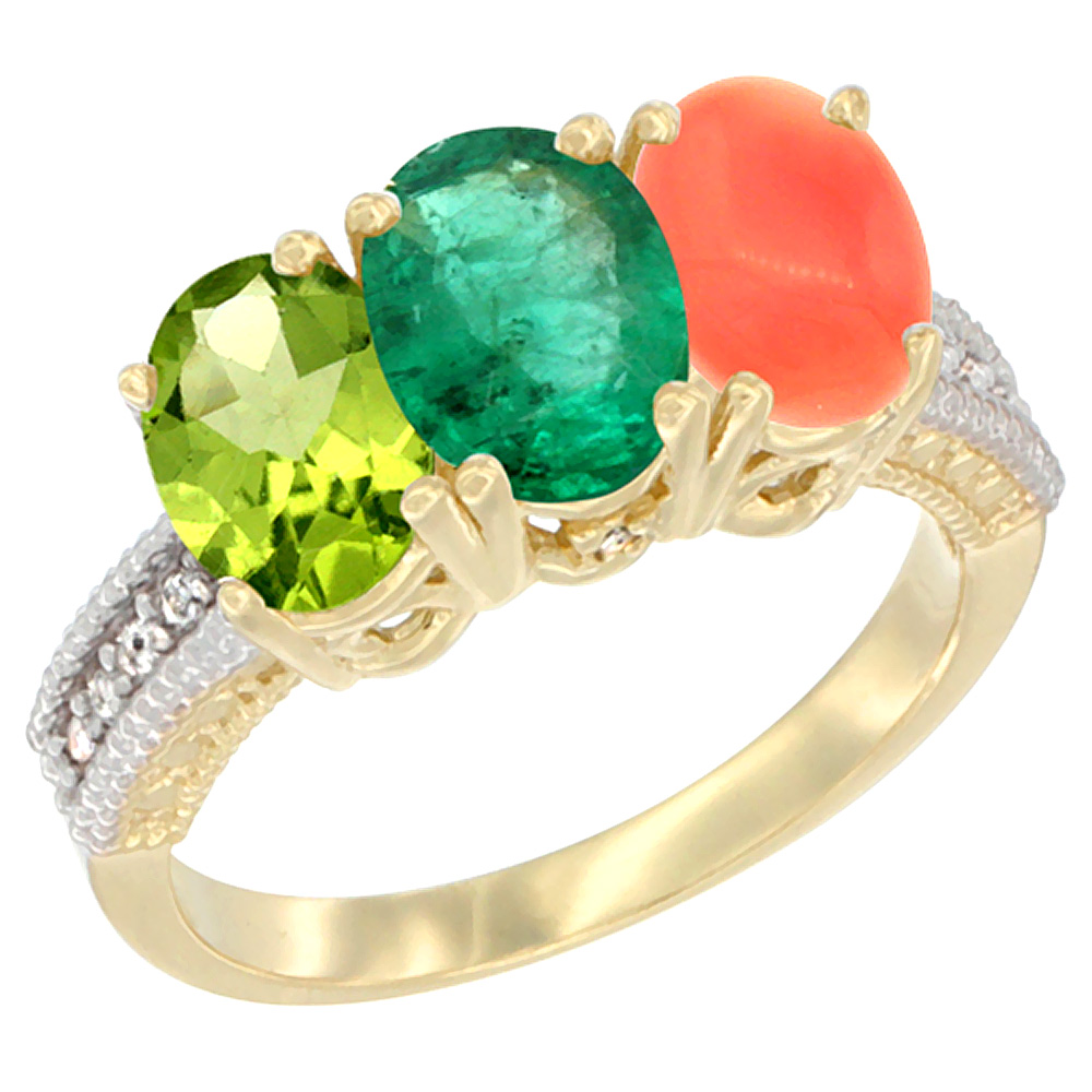 10K Yellow Gold Natural Peridot, Emerald &amp; Coral Ring 3-Stone Oval 7x5 mm, sizes 5 - 10