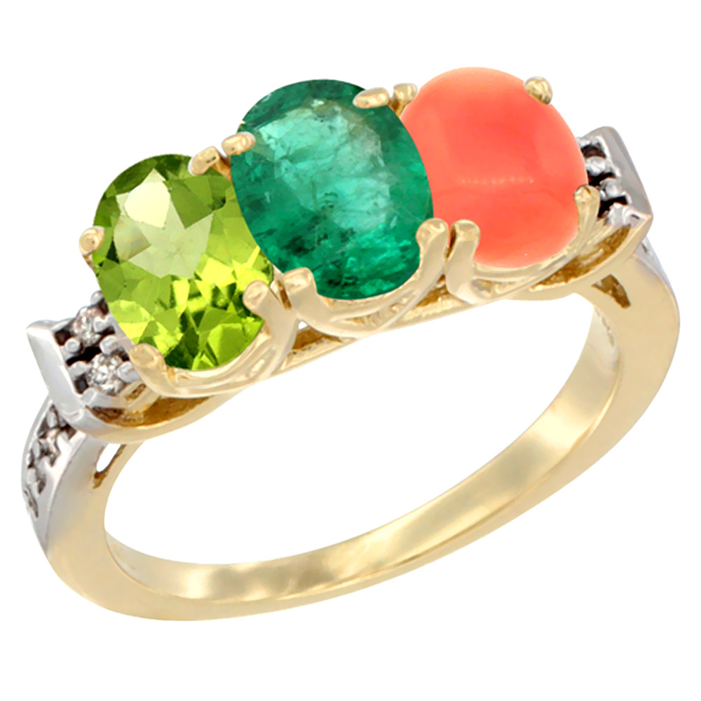 14K Yellow Gold Natural Peridot, Emerald & Coral Ring 3-Stone Oval 7x5 mm Diamond Accent, sizes 5 - 10