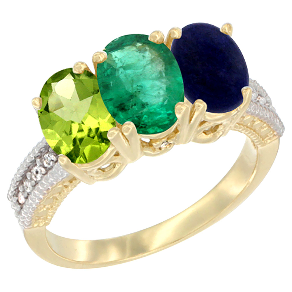 10K Yellow Gold Natural Peridot, Emerald &amp; Lapis Ring 3-Stone Oval 7x5 mm, sizes 5 - 10