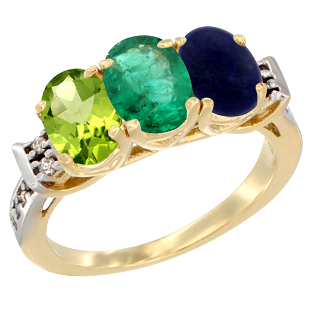 14K Yellow Gold Natural Peridot, Emerald &amp; Lapis Ring 3-Stone Oval 7x5 mm Diamond Accent, sizes 5 - 10
