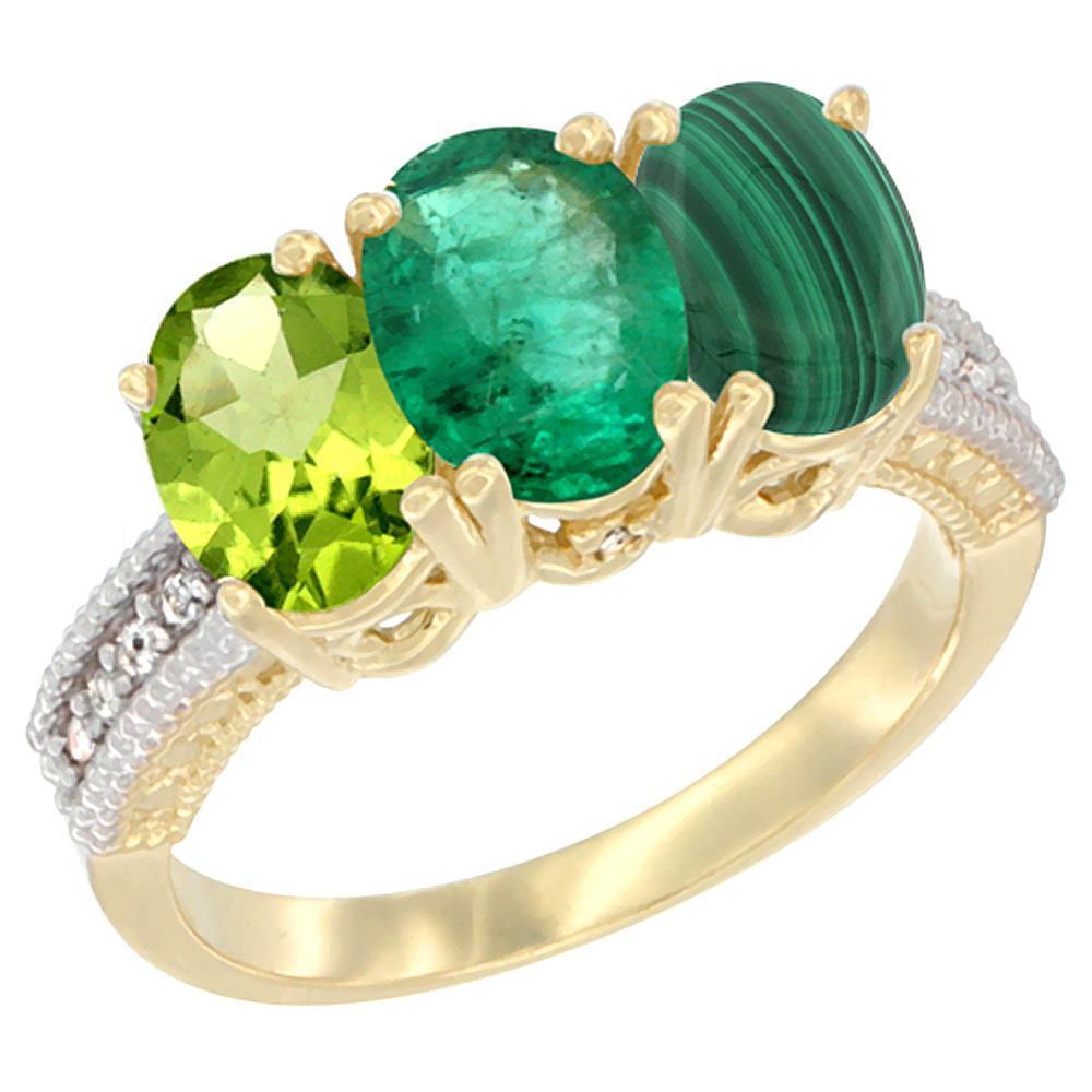 10K Yellow Gold Natural Peridot, Emerald &amp; Malachite Ring 3-Stone Oval 7x5 mm, sizes 5 - 10