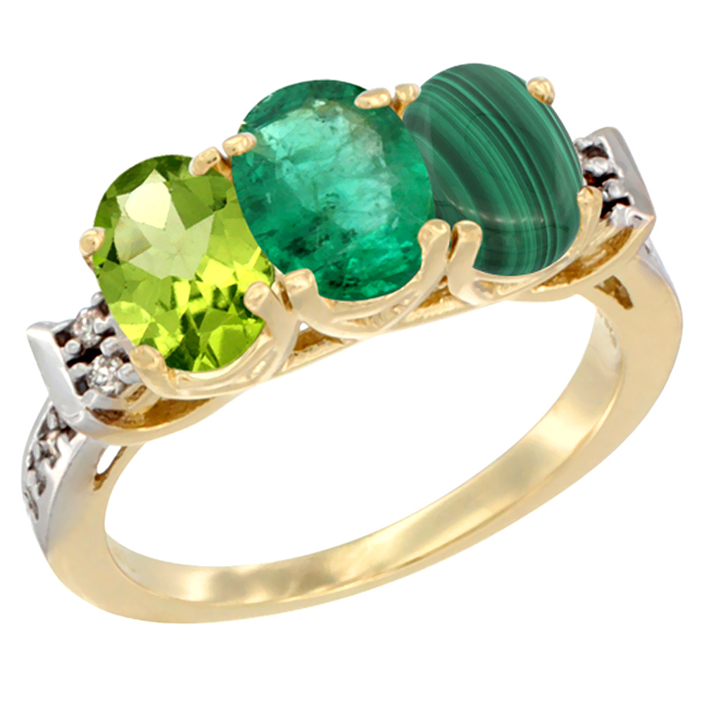 10K Yellow Gold Natural Peridot, Emerald & Malachite Ring 3-Stone Oval 7x5 mm Diamond Accent, sizes 5 - 10