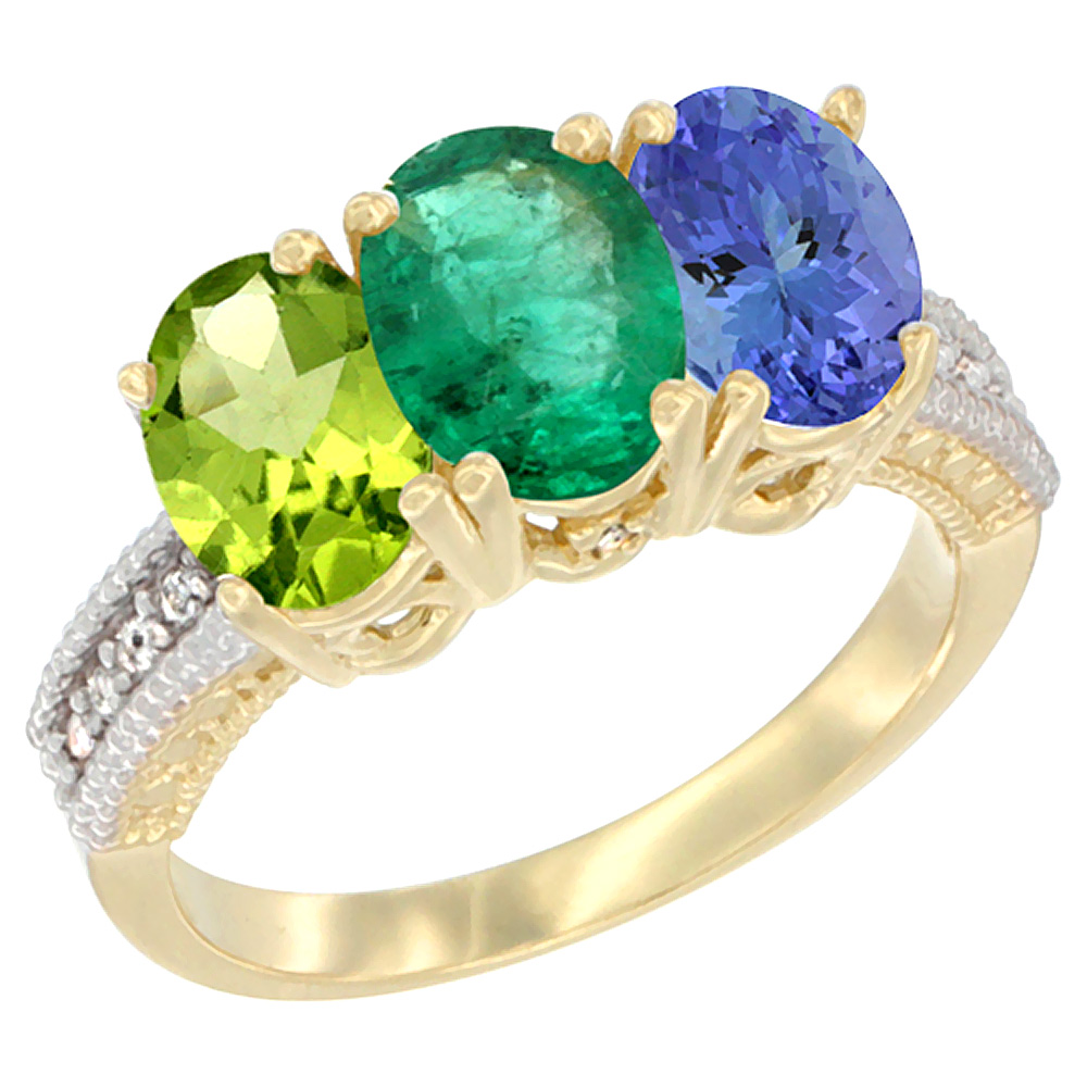 10K Yellow Gold Natural Peridot, Emerald &amp; Tanzanite Ring 3-Stone Oval 7x5 mm, sizes 5 - 10