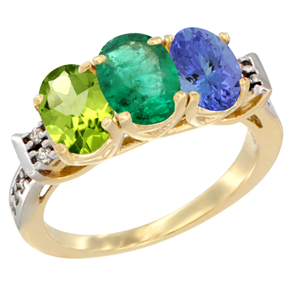 14K Yellow Gold Natural Peridot, Emerald &amp; Tanzanite Ring 3-Stone Oval 7x5 mm Diamond Accent, sizes 5 - 10