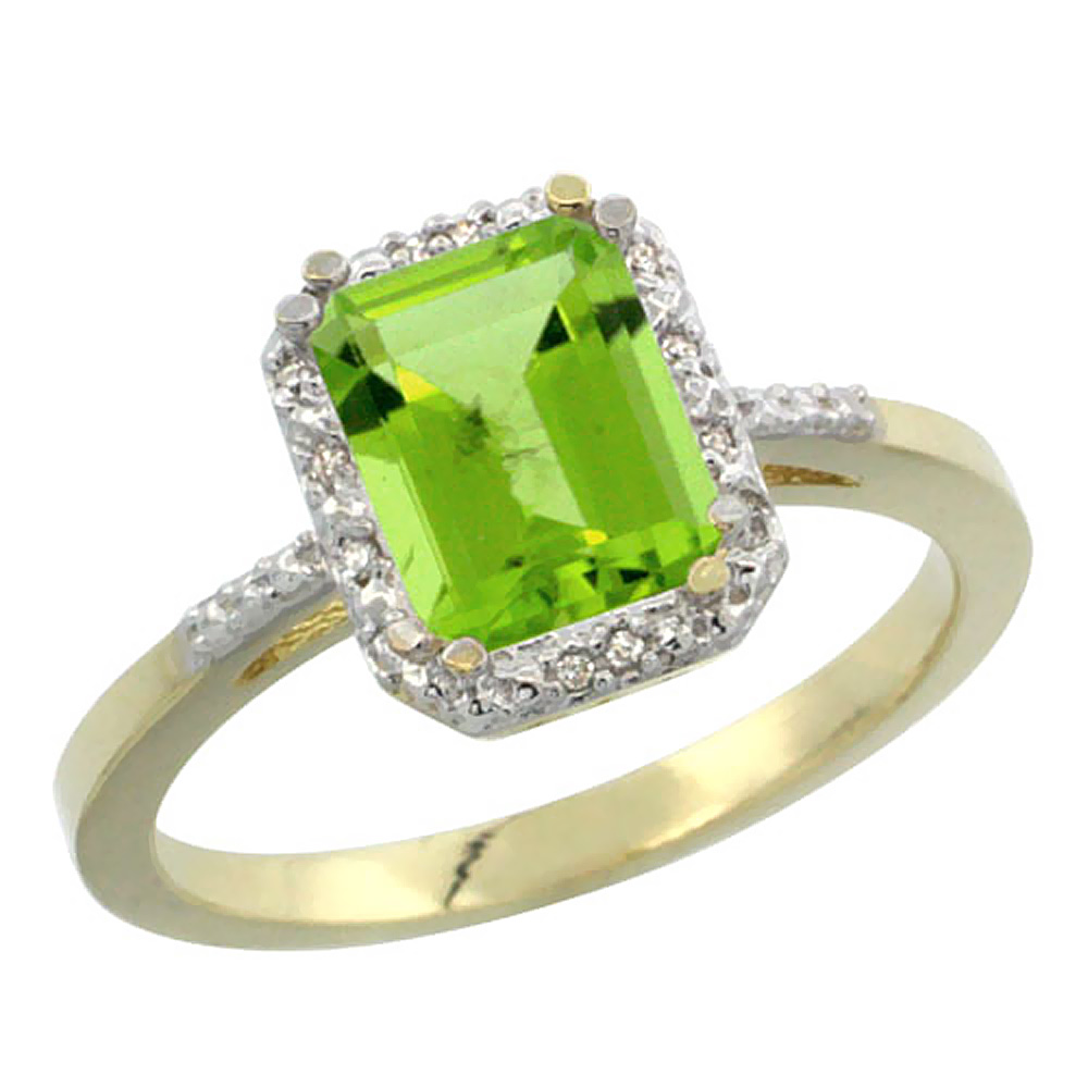 10K Yellow Gold Natural Peridot Ring Emerald-shape 8x6mm Diamond Accent, sizes 5-10