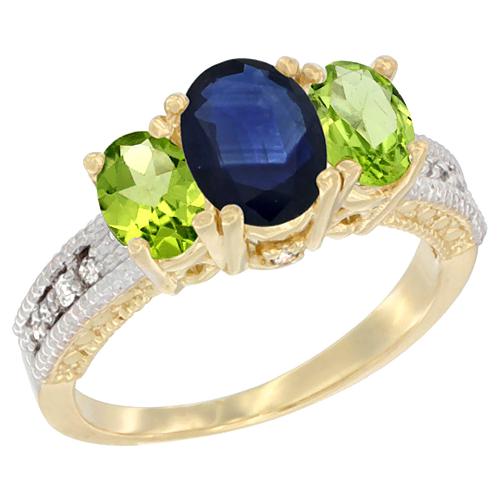 10K Yellow Gold Diamond Natural Blue Sapphire Ring Oval 3-stone with Peridot, sizes 5 - 10