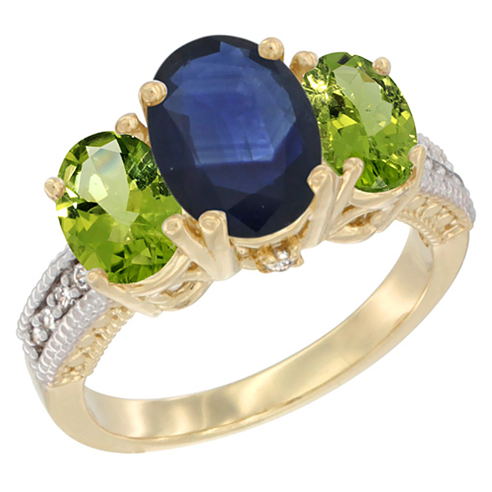 14K Yellow Gold Diamond Natural Blue Sapphire Ring 3-Stone Oval 8x6mm with Peridot, sizes5-10