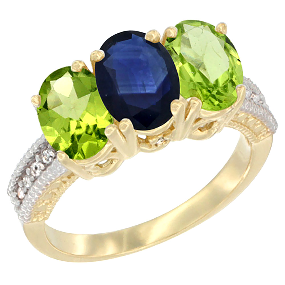 14K Yellow Gold Natural Blue Sapphire & Peridot Sides Ring 3-Stone Oval 7x5 mm Diamond Accent, sizes 5 - 10
