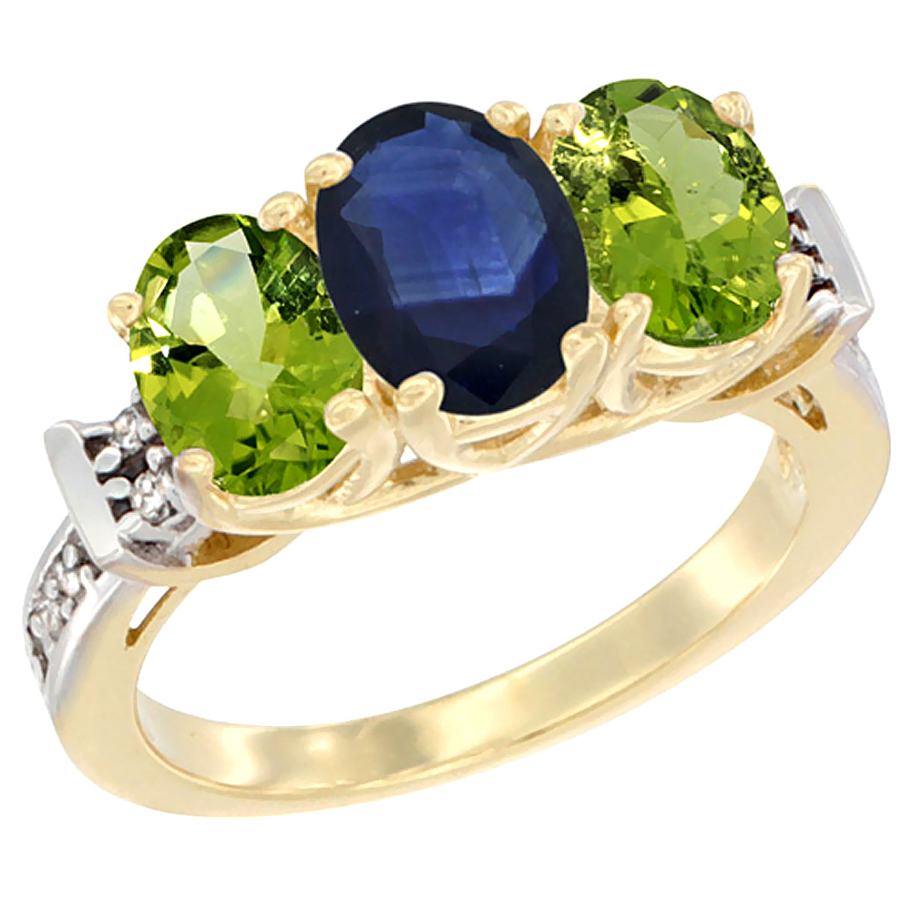 14K Yellow Gold Natural Blue Sapphire & Peridot Sides Ring 3-Stone Oval Diamond Accent, sizes 5 - 10