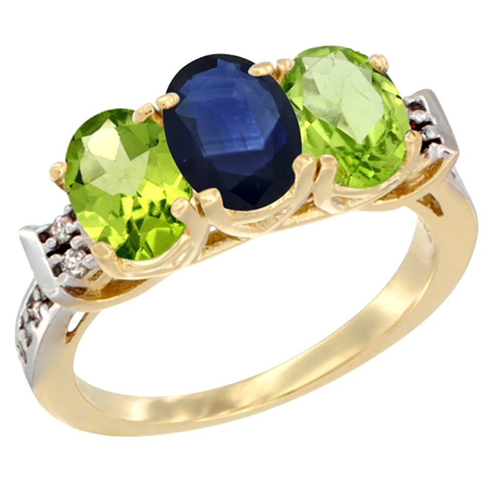 10K Yellow Gold Natural Blue Sapphire & Peridot Sides Ring 3-Stone Oval 7x5 mm Diamond Accent, sizes 5 - 10