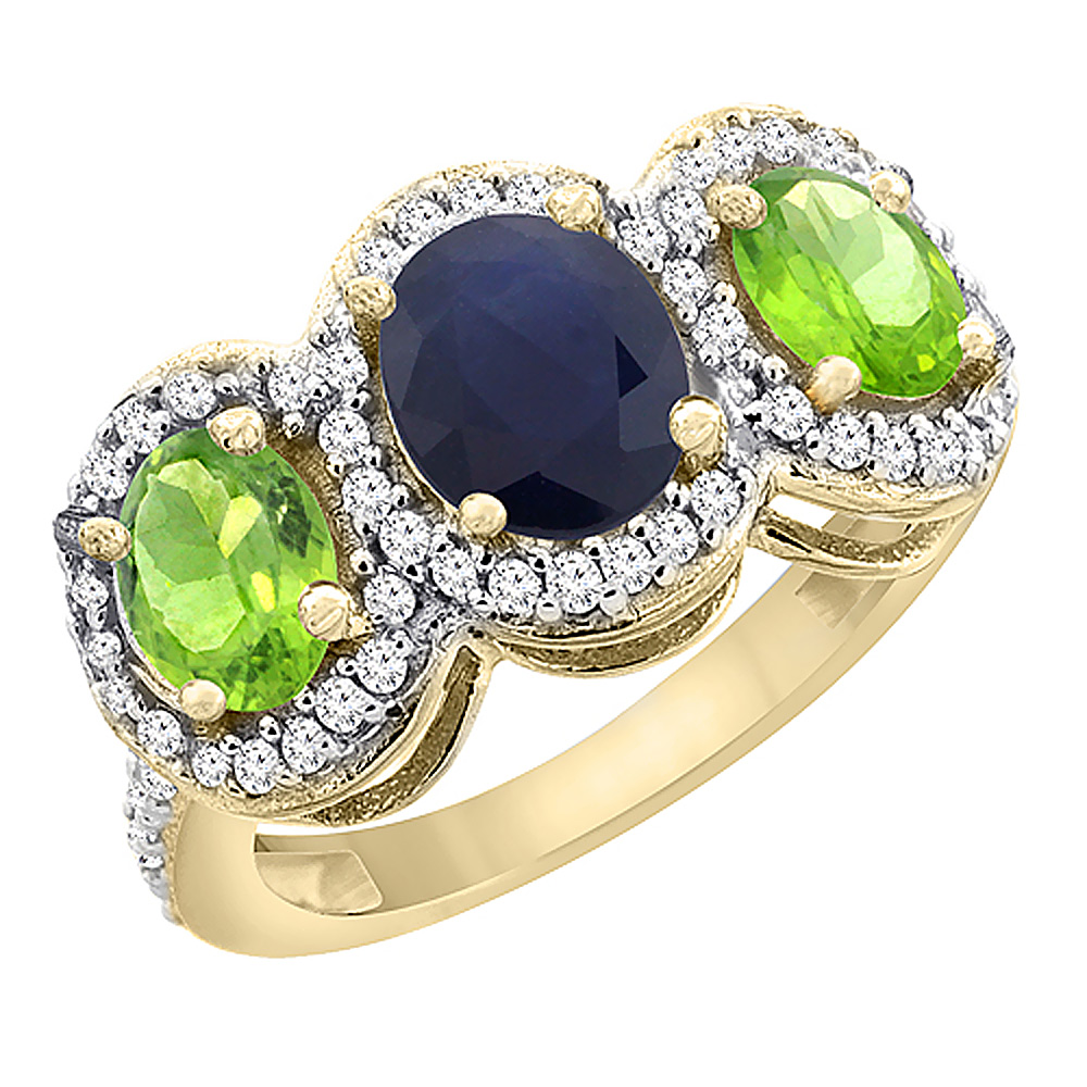 14K Yellow Gold Natural Blue Sapphire & Peridot 3-Stone Ring Oval Diamond Accent, sizes 5 - 10