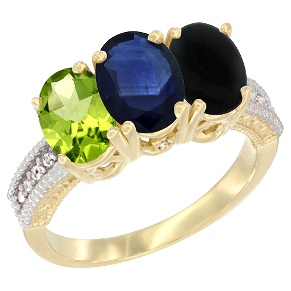 10K Yellow Gold Natural Peridot, Blue Sapphire &amp; Black Onyx Ring 3-Stone Oval 7x5 mm, sizes 5 - 10