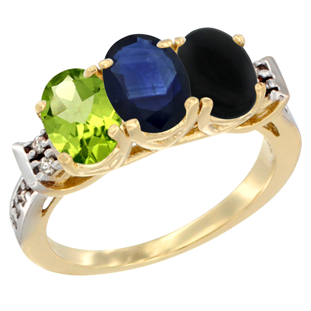 10K Yellow Gold Natural Peridot, Blue Sapphire &amp; Black Onyx Ring 3-Stone Oval 7x5 mm Diamond Accent, sizes 5 - 10
