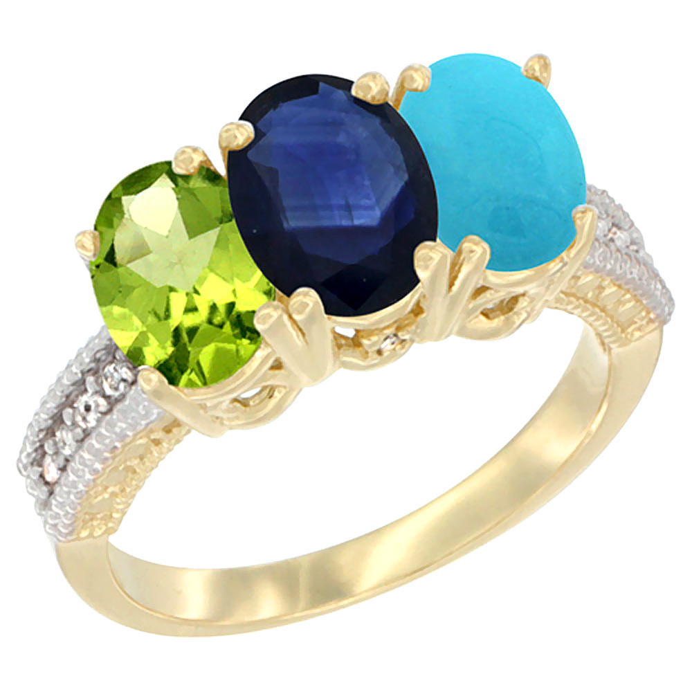 14K Yellow Gold Natural Peridot, Blue Sapphire & Turquoise Ring 3-Stone Oval 7x5 mm Diamond Accent, sizes 5 - 10