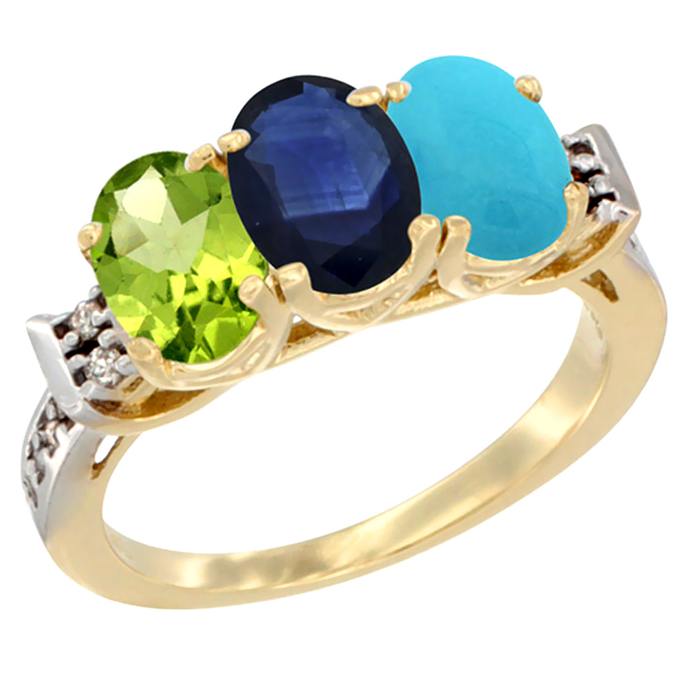 10K Yellow Gold Natural Peridot, Blue Sapphire &amp; Turquoise Ring 3-Stone Oval 7x5 mm Diamond Accent, sizes 5 - 10