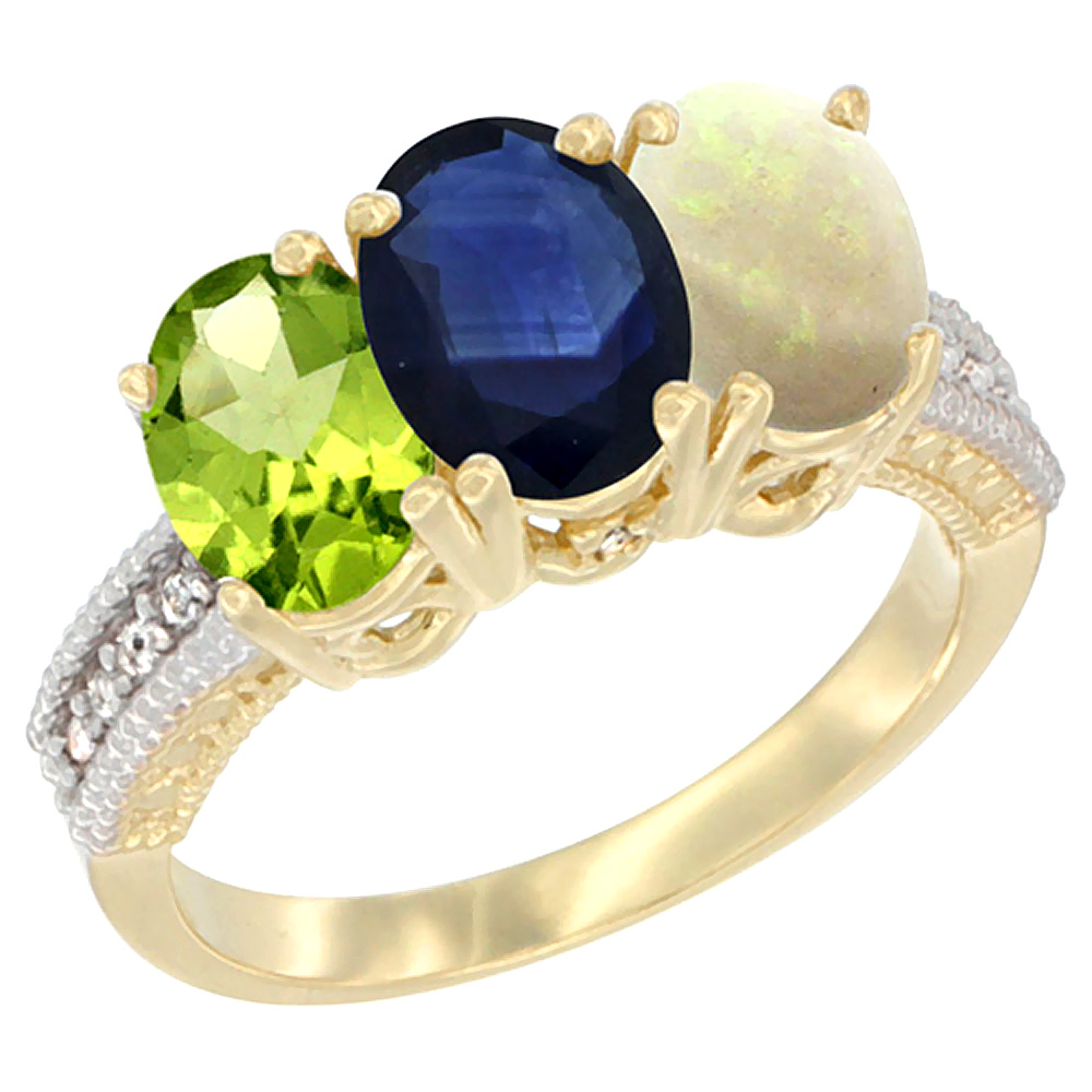 14K Yellow Gold Natural Peridot, Blue Sapphire & Opal Ring 3-Stone Oval 7x5 mm Diamond Accent, sizes 5 - 10