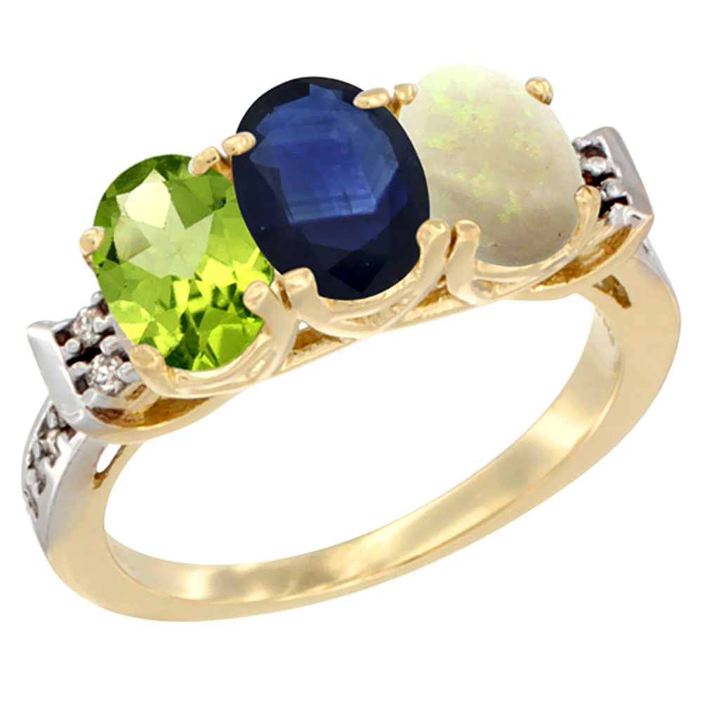 14K Yellow Gold Natural Peridot, Blue Sapphire & Opal Ring 3-Stone Oval 7x5 mm Diamond Accent, sizes 5 - 10