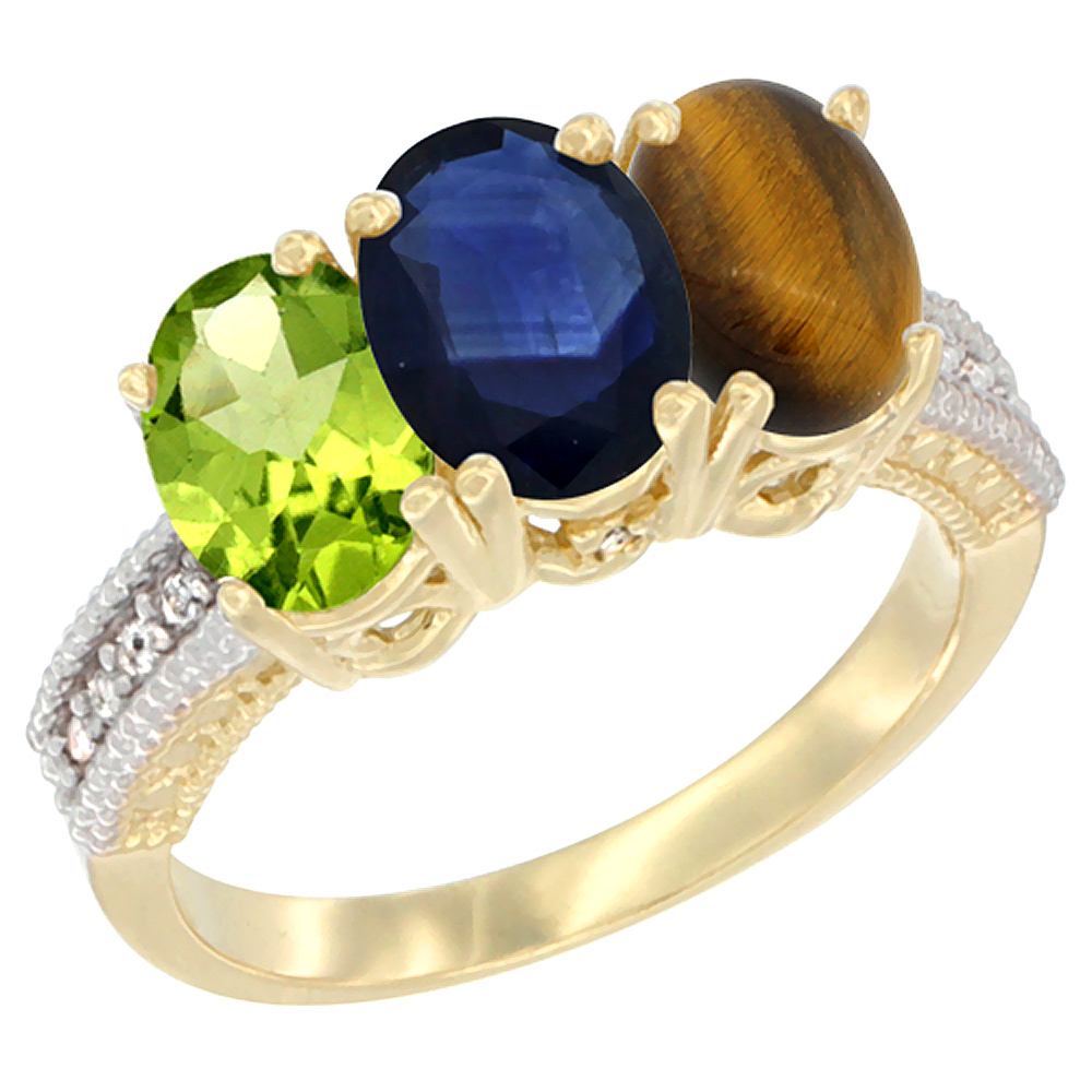 10K Yellow Gold Natural Peridot, Blue Sapphire &amp; Tiger Eye Ring 3-Stone Oval 7x5 mm, sizes 5 - 10