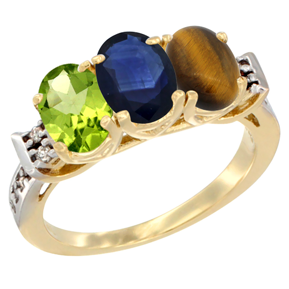 14K Yellow Gold Natural Peridot, Blue Sapphire &amp; Tiger Eye Ring 3-Stone Oval 7x5 mm Diamond Accent, sizes 5 - 10