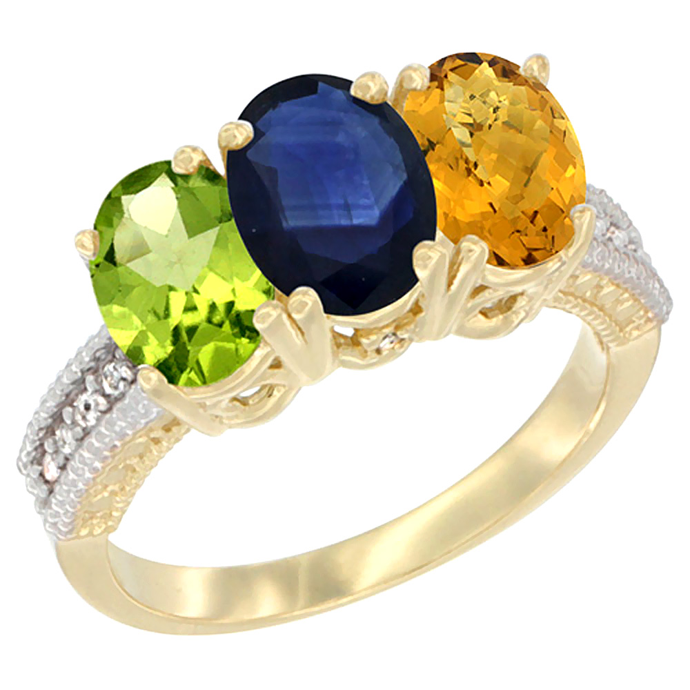 10K Yellow Gold Natural Peridot, Blue Sapphire &amp; Whisky Quartz Ring 3-Stone Oval 7x5 mm, sizes 5 - 10