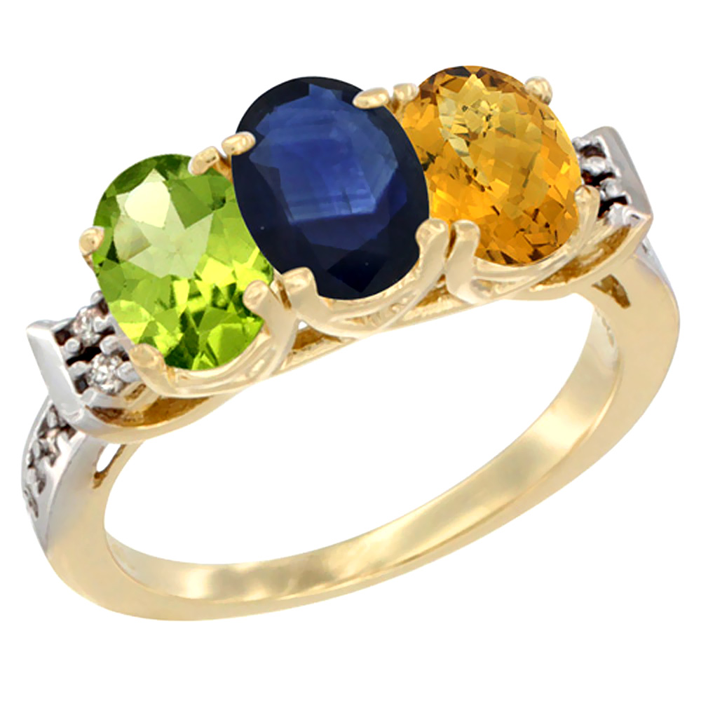 14K Yellow Gold Natural Peridot, Blue Sapphire &amp; Whisky Quartz Ring 3-Stone Oval 7x5 mm Diamond Accent, sizes 5 - 10