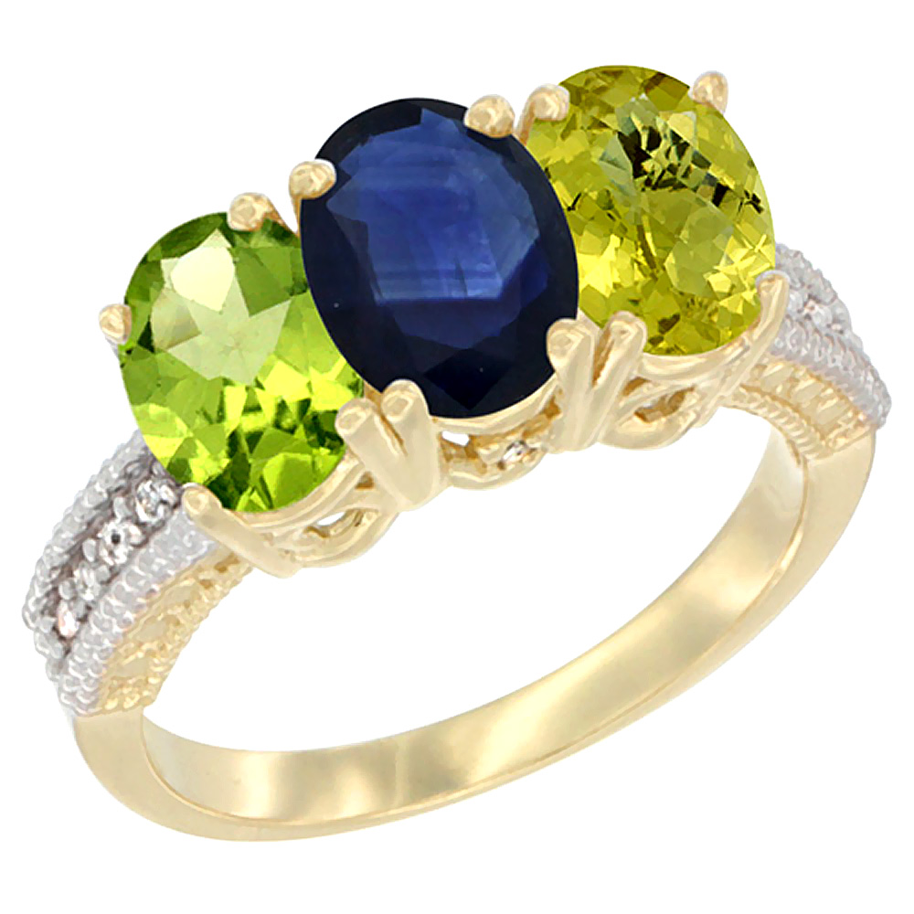14K Yellow Gold Natural Peridot, Blue Sapphire &amp; Lemon Quartz Ring 3-Stone Oval 7x5 mm Diamond Accent, sizes 5 - 10