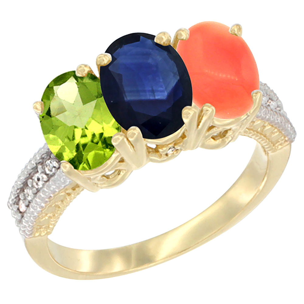 10K Yellow Gold Natural Peridot, Blue Sapphire &amp; Coral Ring 3-Stone Oval 7x5 mm, sizes 5 - 10