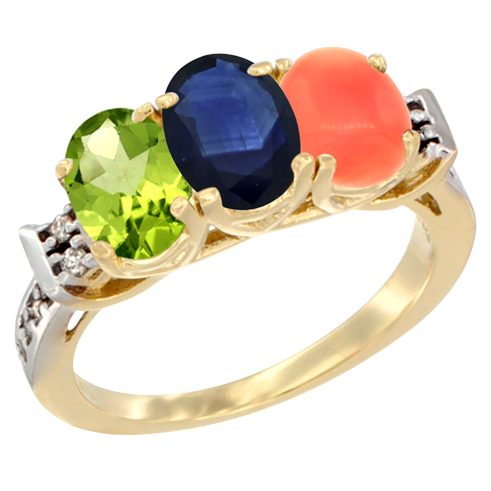 10K Yellow Gold Natural Peridot, Blue Sapphire & Coral Ring 3-Stone Oval 7x5 mm Diamond Accent, sizes 5 - 10