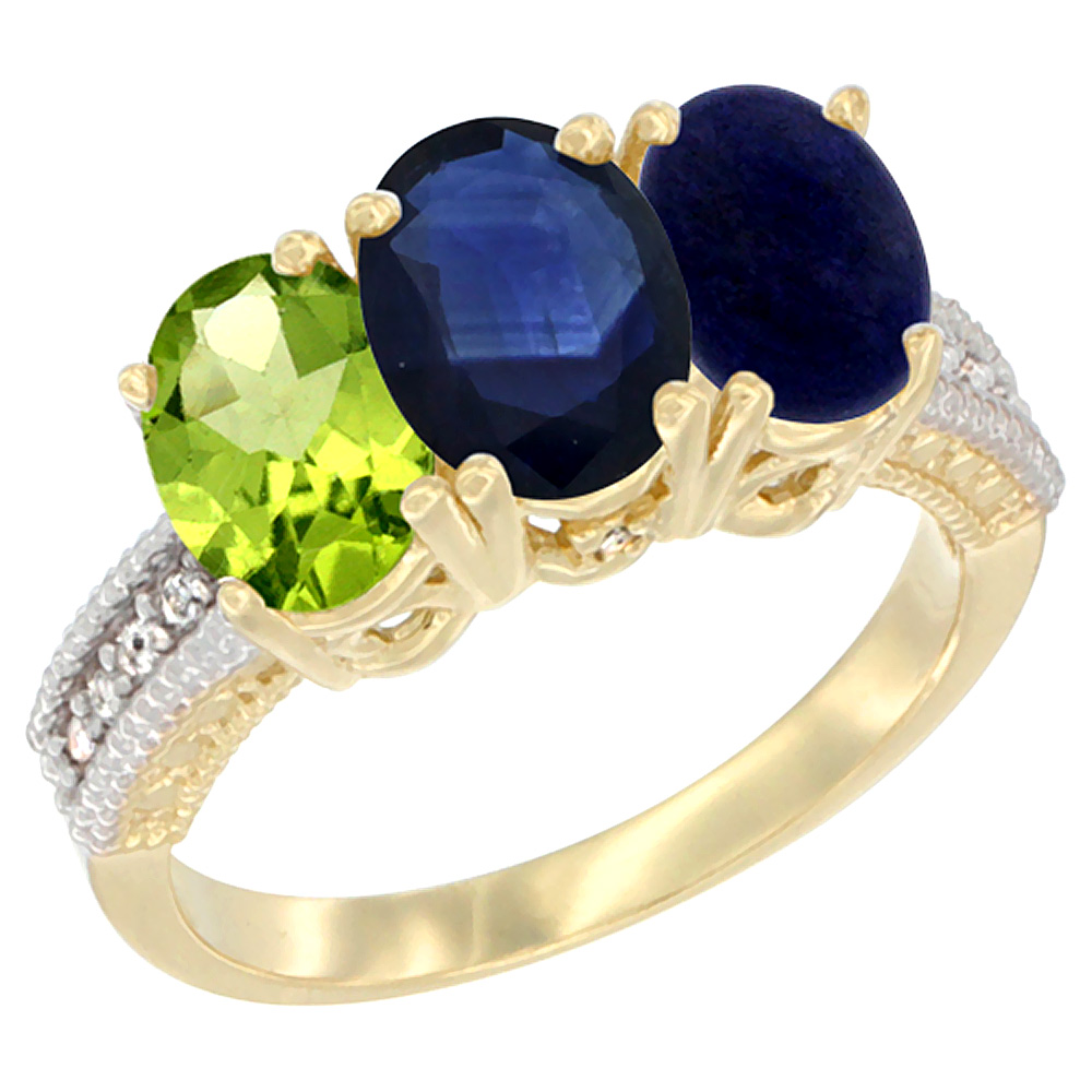 14K Yellow Gold Natural Peridot, Blue Sapphire & Lapis Ring 3-Stone Oval 7x5 mm Diamond Accent, sizes 5 - 10