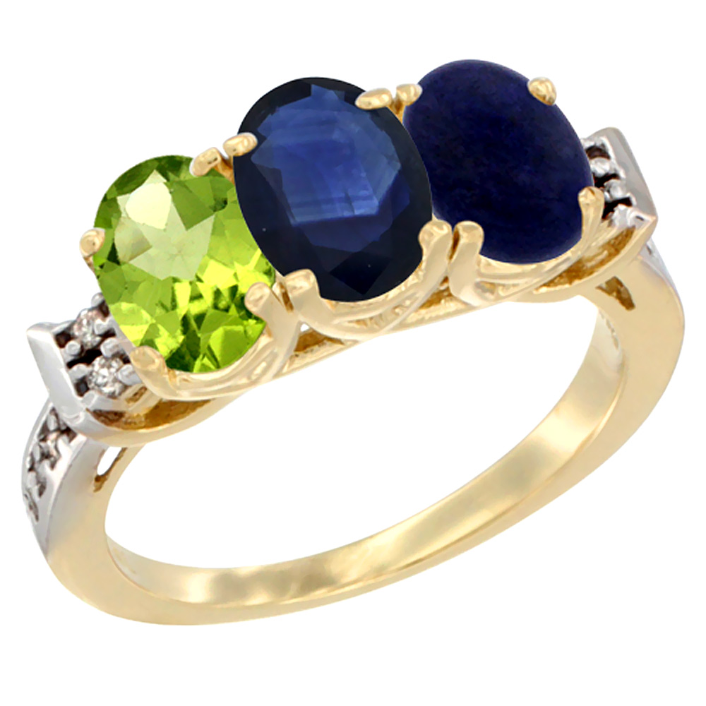 10K Yellow Gold Natural Peridot, Blue Sapphire & Lapis Ring 3-Stone Oval 7x5 mm Diamond Accent, sizes 5 - 10