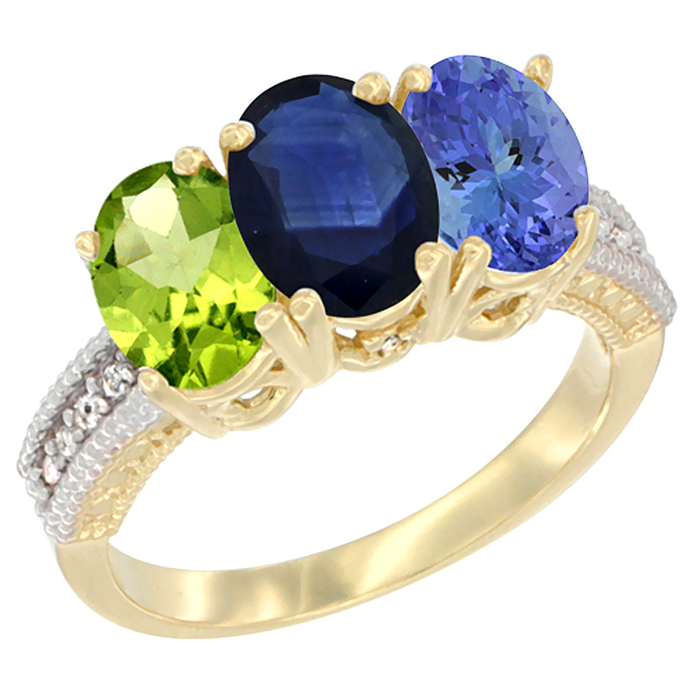 14K Yellow Gold Natural Peridot, Blue Sapphire & Tanzanite Ring 3-Stone Oval 7x5 mm Diamond Accent, sizes 5 - 10
