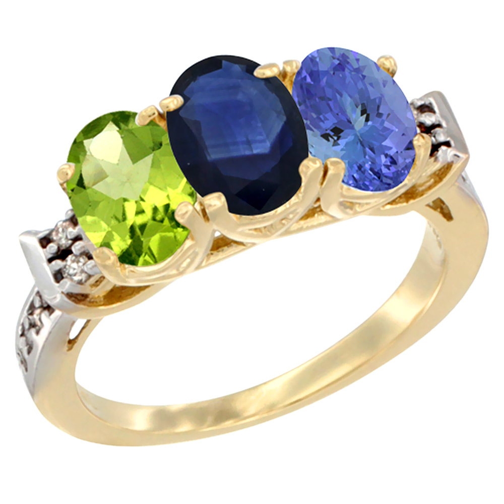 10K Yellow Gold Natural Peridot, Blue Sapphire & Tanzanite Ring 3-Stone Oval 7x5 mm Diamond Accent, sizes 5 - 10