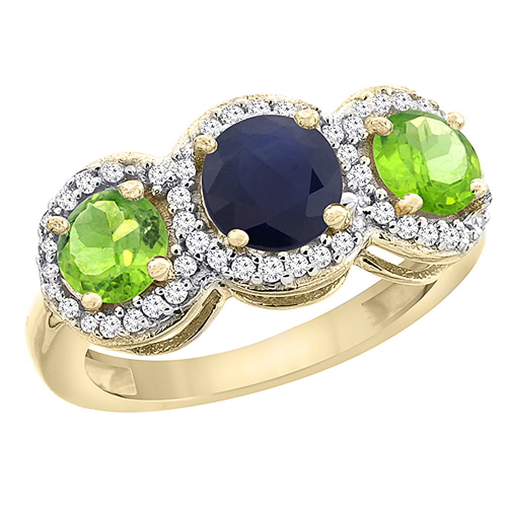 14K Yellow Gold Natural High Quality Blue Sapphire &amp; Peridot Sides Round 3-stone Ring Diamond Accents, sizes 5 - 10