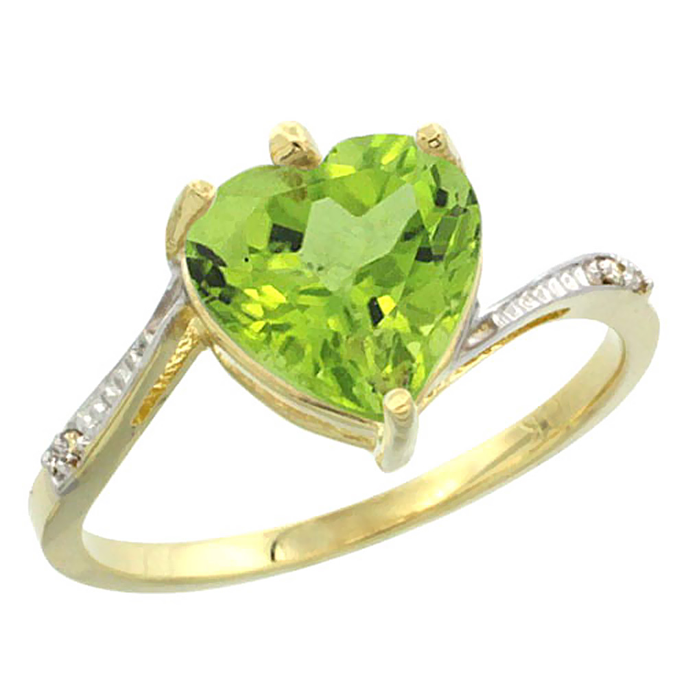 10K Yellow Gold Natural Peridot Ring Heart 9x9mm Diamond Accent, sizes 5-10