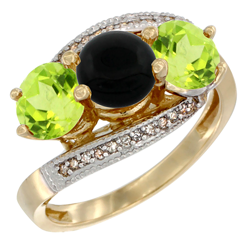 14K Yellow Gold Natural Black Onyx & Peridot Sides 3 stone Ring Round 6mm Diamond Accent, sizes 5 - 10