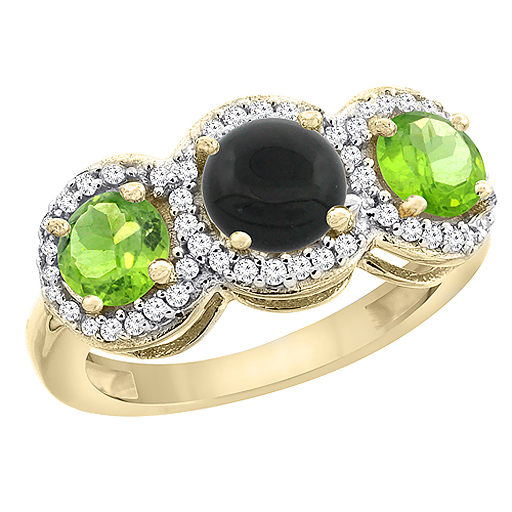 10K Yellow Gold Natural Black Onyx & Peridot Sides Round 3-stone Ring Diamond Accents, sizes 5 - 10