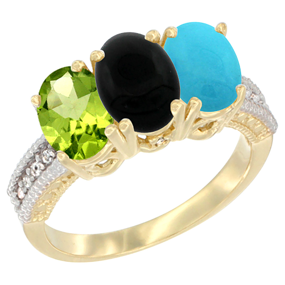 10K Yellow Gold Natural Peridot, Black Onyx &amp; Turquoise Ring 3-Stone Oval 7x5 mm, sizes 5 - 10