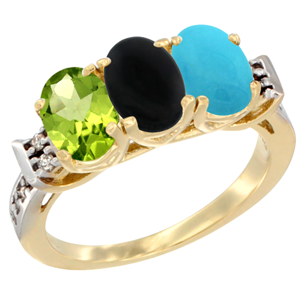 14K Yellow Gold Natural Peridot, Black Onyx & Turquoise Ring 3-Stone Oval 7x5 mm Diamond Accent, sizes 5 - 10